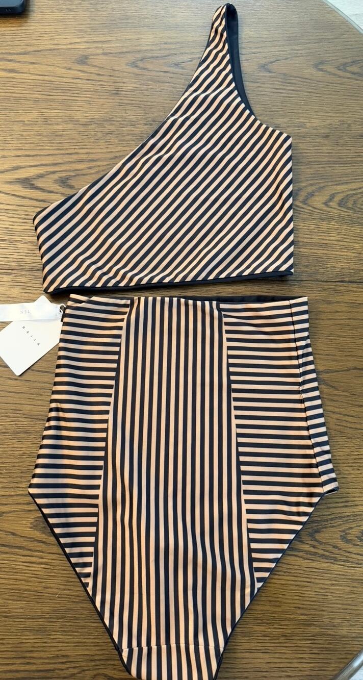 BAIIA Reversible One Shoulder High Waisted Striped Bikini Set Black Bronze Sz 6